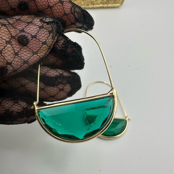 Anthropologie Crescent Elegant Gold Green Hoop Earrings - Picture 6 of 11